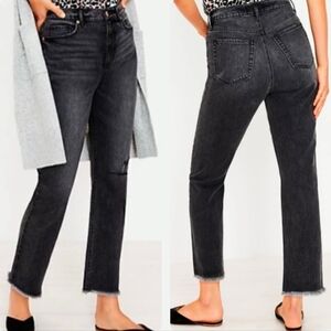 LOFT High Rise Straight Crop Black Stretch Denim Raw Cut Jeans Size 27 4